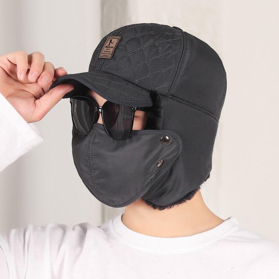 Men Ear Protection Hat Winter Warm Plush Male Bomber Hat Gray Man Adjustable Ear Flaps Brim Cap And Mask Women Cap: gray