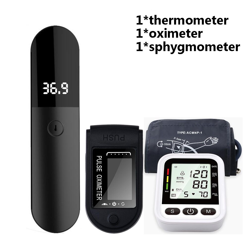 Tensiómetro Digital para muñeca, esfigmomanómetro, oxímetro de pulso para dedo, termómetro IR sin contacto, conjunto de Monitor de salud para el hogar: 3pcs set A-arm