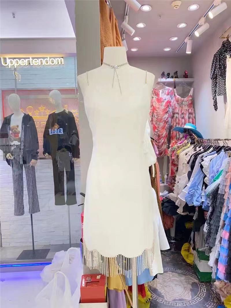 Lente/Herfst High-End Kralen Kwastje Elegante Vrouwen Outfit Lange Mouw Pak Tops + Sexy Jarretel jurk + Slim Mini Rok: White dress / L