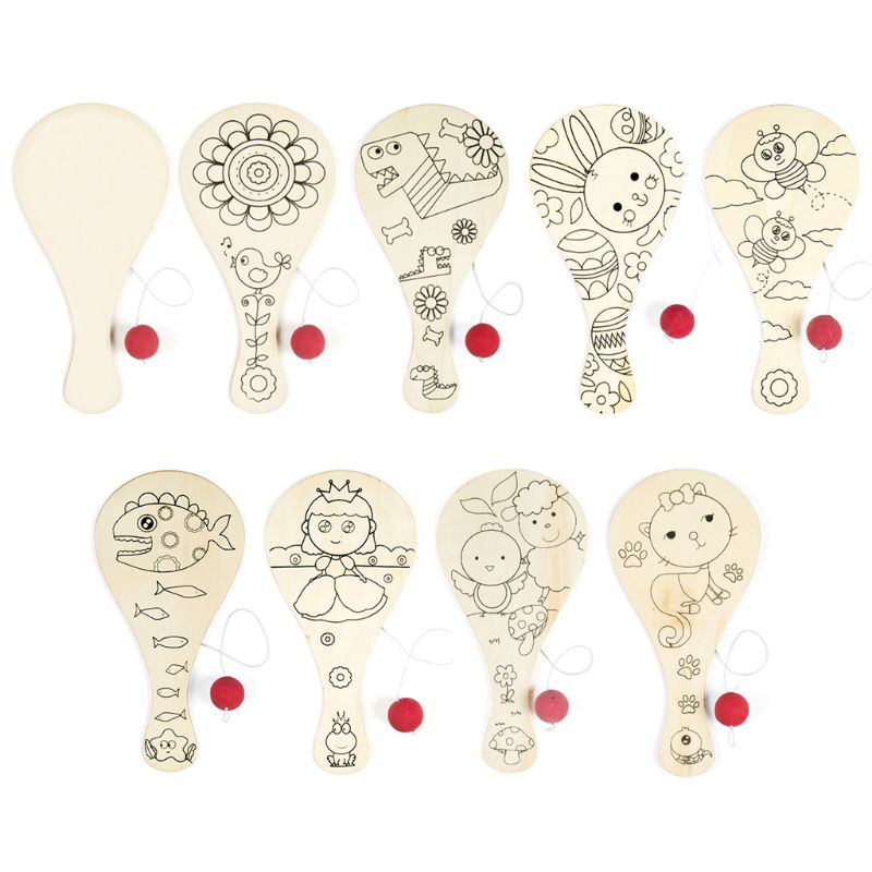 9pcs/set Hand-painted Wooden Racket Ball DIY Craft Cartoon Painting Graffiti Toy R9JD: Default Title