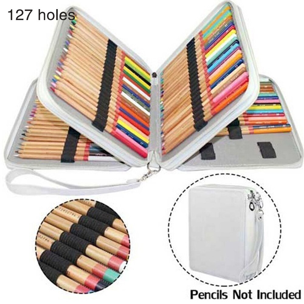 70/127/168 Holes Square Pure Color PU Pencil Case School Pen Bag for Painter Girls Boys Large Pencilcase Box Stationery: Gray 127 holes