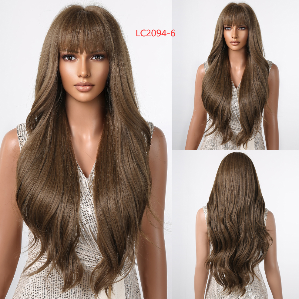 Haircube lang bølget syntetisk parykk lys blond parykker til kvinder med pandehår naturlig hårgrænse varmebestandig fiber paryk daglig fest paryk: #1b