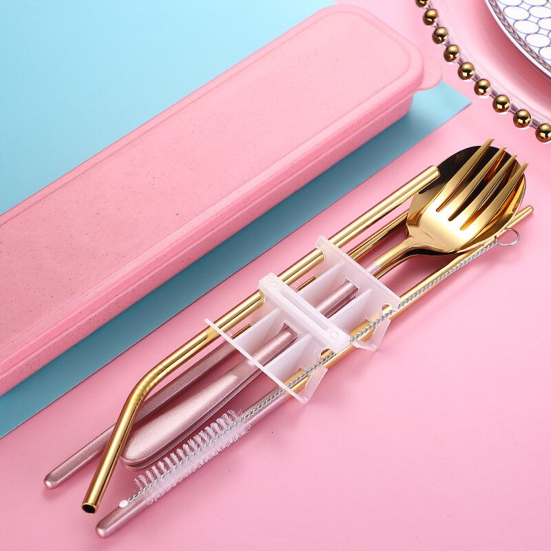 Servies Set Roestvrij Stalen Bestek Set Vork Lepel Eetstokjes Stro Servies Voor Keuken Chinese Servies Met Geschenkdoos: Pink gold Cutlery