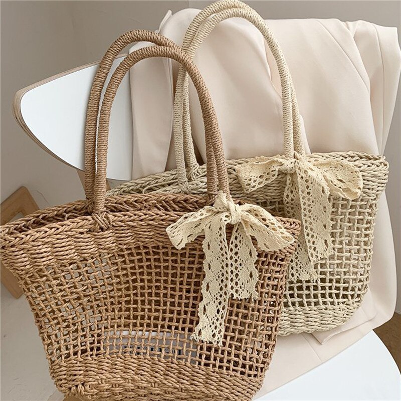 Bolsa de vime feita à mão, de palha, rattan, feminina, verão, vazada, bolsa de ombro cruzada, com laço, borlas