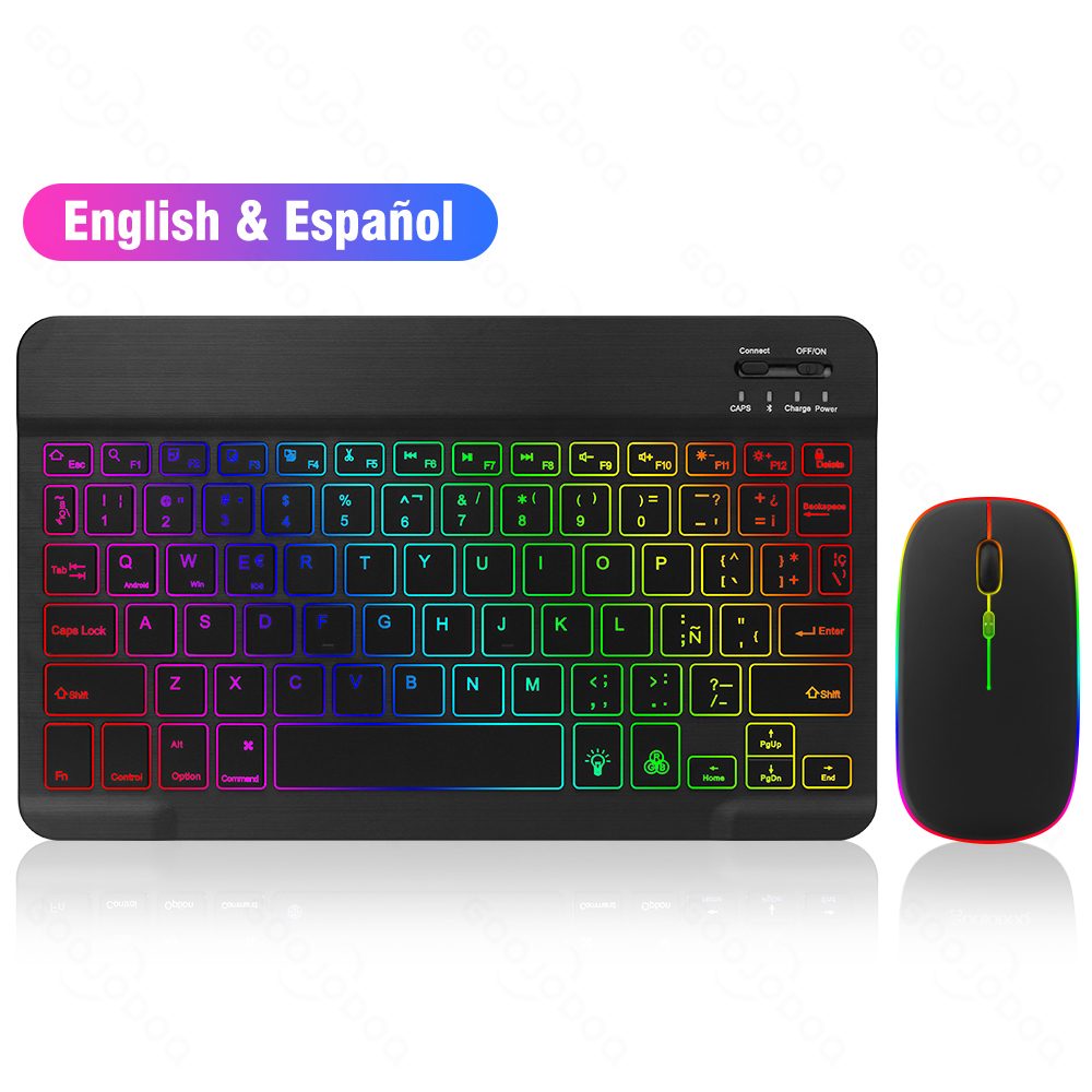 10inch Rainbow Backlit Keyboard For iPad Phone Tablet Bluetooth Keyboard For IOS Android Windows Wireless Keyboard and Mouse Set: Gradient Black