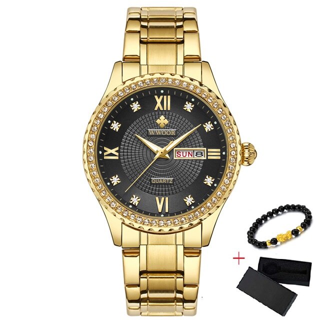WWOOR, Reloj de pulsera de oro para Mujer, Reloj de Mujer de acero inoxidable resistente al agua, vestido informal, Reloj de cuarzo para Mujer, Reloj de Mujer: Gold Black Gold