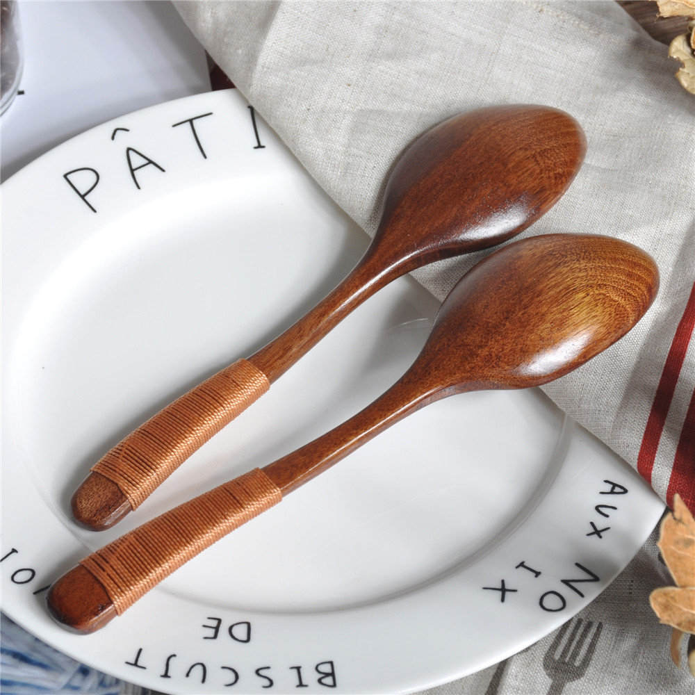 Cuchara de madera de alambre envuelto, cucharas de cocina de boca ancha, herramienta de utensilio de cocina, cucharadita de sopa, cucharón de Catering, vajilla, 18,5 cm