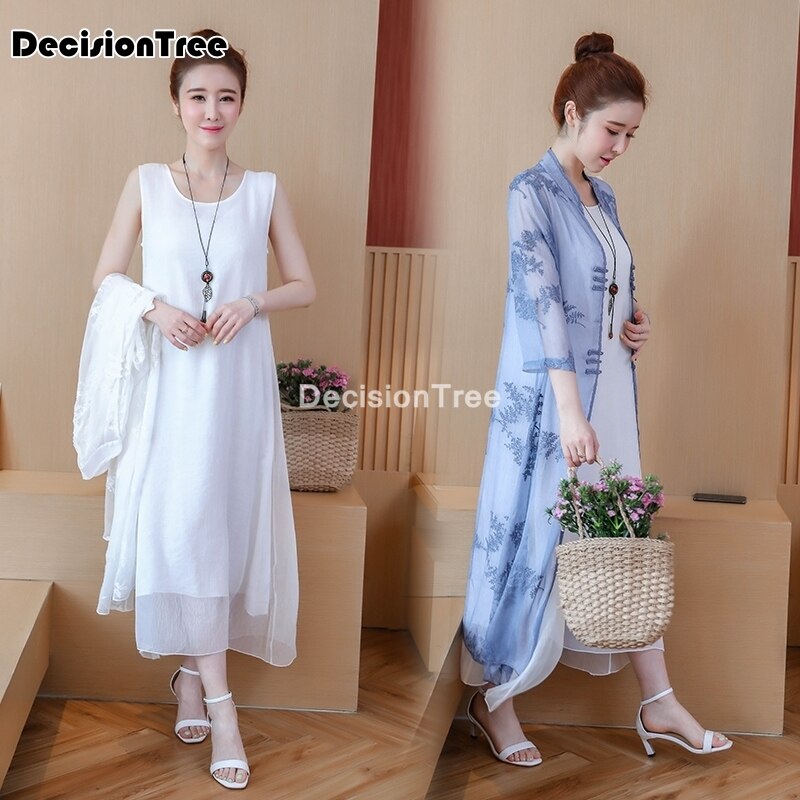 chinese dress qipao suit cotton linen cheongsam Two Piece Midi Dresses Vestidos Casual embroidery cardigan + dress robe