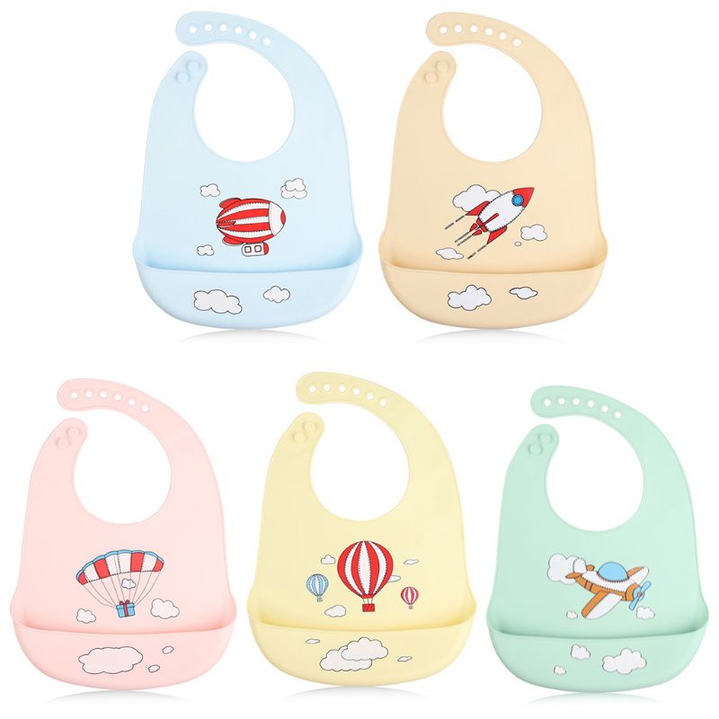 Waterproof Silicone Baby Bibs Candy Color Cartoon Plane Rocket Toddlers Feeding Food Crumb Catcher Pocket Saliva Towel