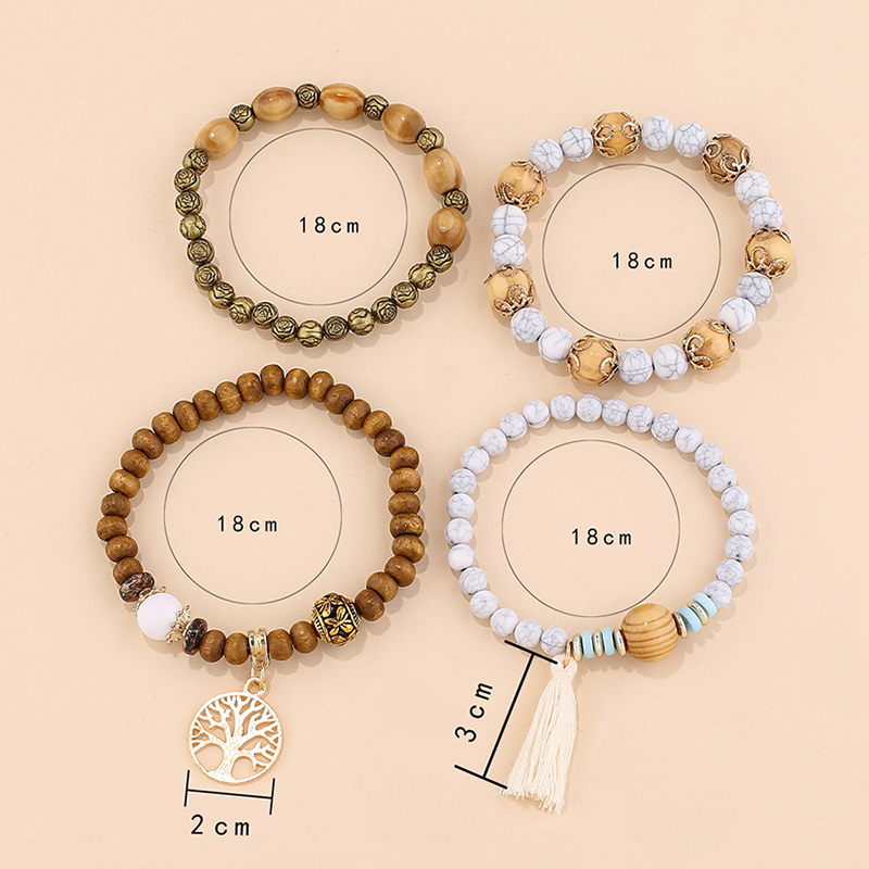 4 pçs/set boho conjunto de pulseira de madeira frisado para mulheres árvore da vida borlas brancas charme elástico corrente pulseira senhora bohemia jóias