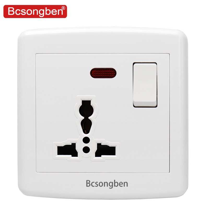 Bcsongben Universal Standard Wall Socket With LED Light Switch White PC Panel 10A 250V Universal Power Socket Outlet