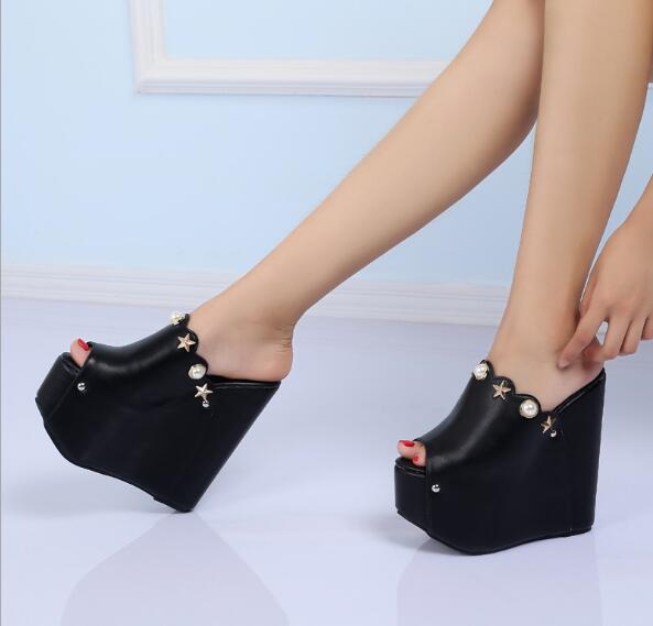 Ltarta sandálias femininas de salto muito alto, chinelos com salto alto para mulheres, 16cm: BLACK / 34