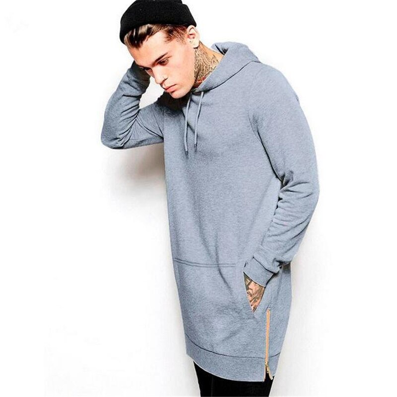 Men's Long Grey Hoodies Sweatshirts Feece With Side Zipper Longline Hip Hop Streetwear Shirt Tops Longline: Dark Grey / XL