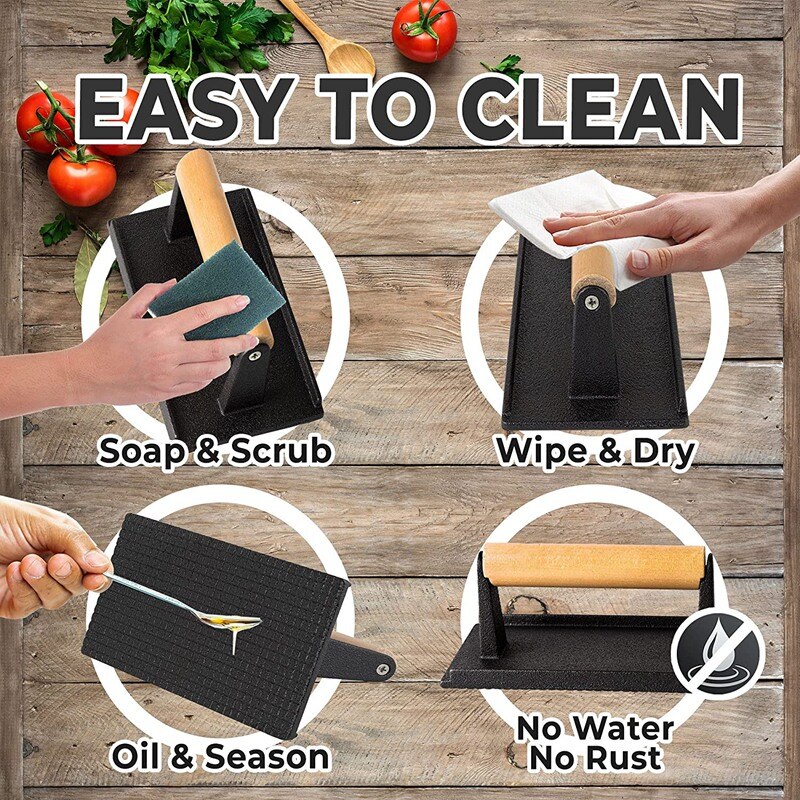 Cast Iron Grill Press, Pre-Seasoned Burger Press And Steak Weight With Cool-BBQ Accessories For Griddle, Outdoor Grill