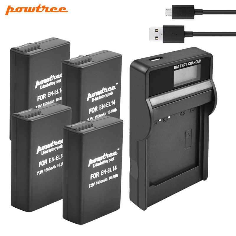 Powtree 1500 Mah En-EL14 EN-EL14a ENEL14 EN-EL14 Batterij + Lcd Oplader Voor Nikon P7800,P7700, p7100, P7000,D5500,D5300,D5200,D3200: 4XBattery LCDCharger