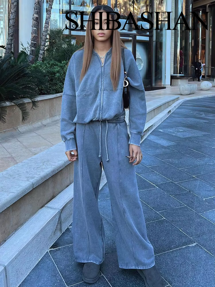 HH otoño mujer Casual sólido traje deportivo manga larga cremallera chaqueta Bomber abrigo + pantalones sueltos de cintura elástica conjuntos de pantalones