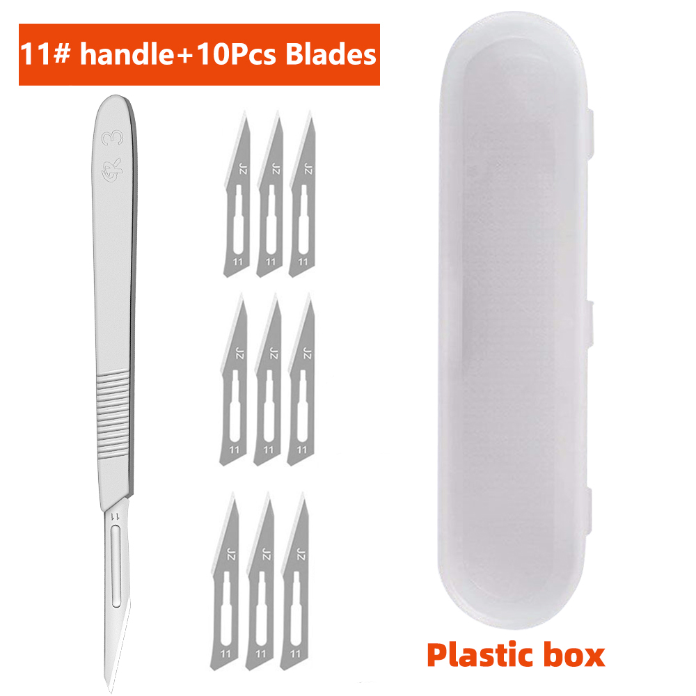 Bisturí quirúrgico de acero inoxidable con cuchillas de 10 piezas 11 # 23 # Caja de almacenamiento con mango de Metal extraíble para injerto de plantas, tallado, reparación DIY: Azul