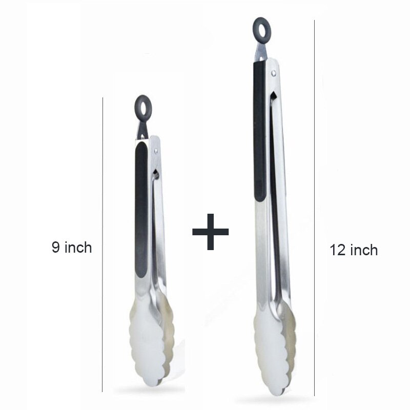 9-12inch Kitchen Tongs Grill BBQ Tongs Silicone Handled Salad Clip Bread Clamp Stainless Steel Food Tong BBQ Accessories Tool: Steel 9 and 12inch