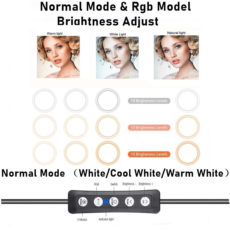 8 Inch /10 Inch Dimmable RGB LED Selfie Ring Fill Light Photo Ring Lamp with Tripod Two Adjustable for Makeup Video Live