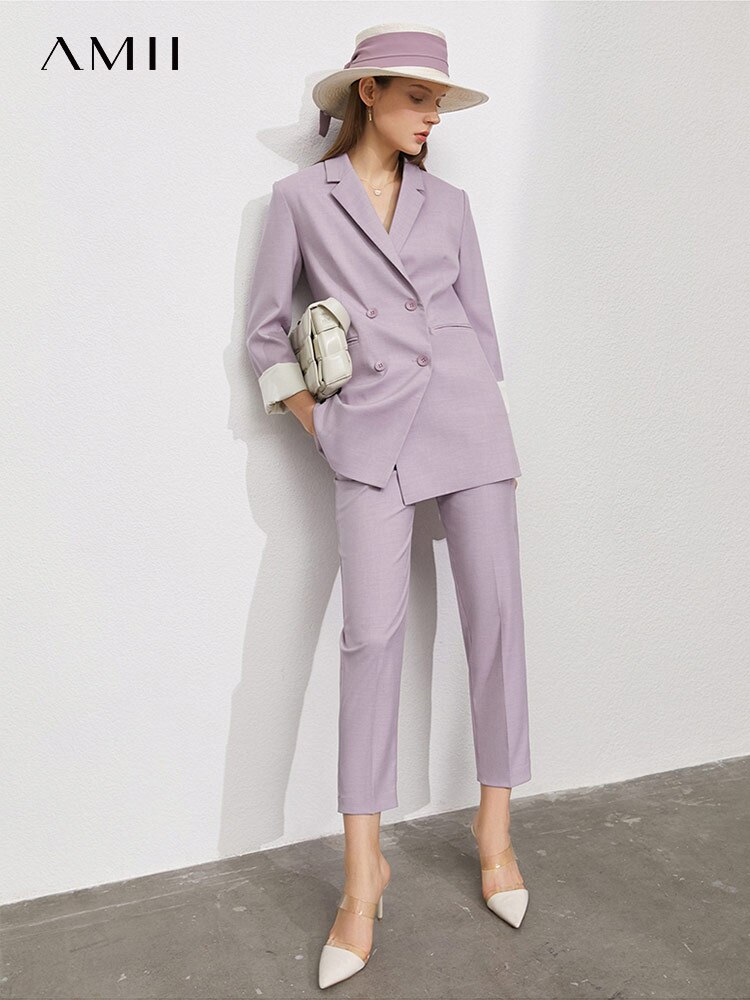 Amii-Conjunto de dos piezas minimalista de oficina para mujer, chaqueta, abrigo, pantalones de cintura alta, traje femenino, 12160022
