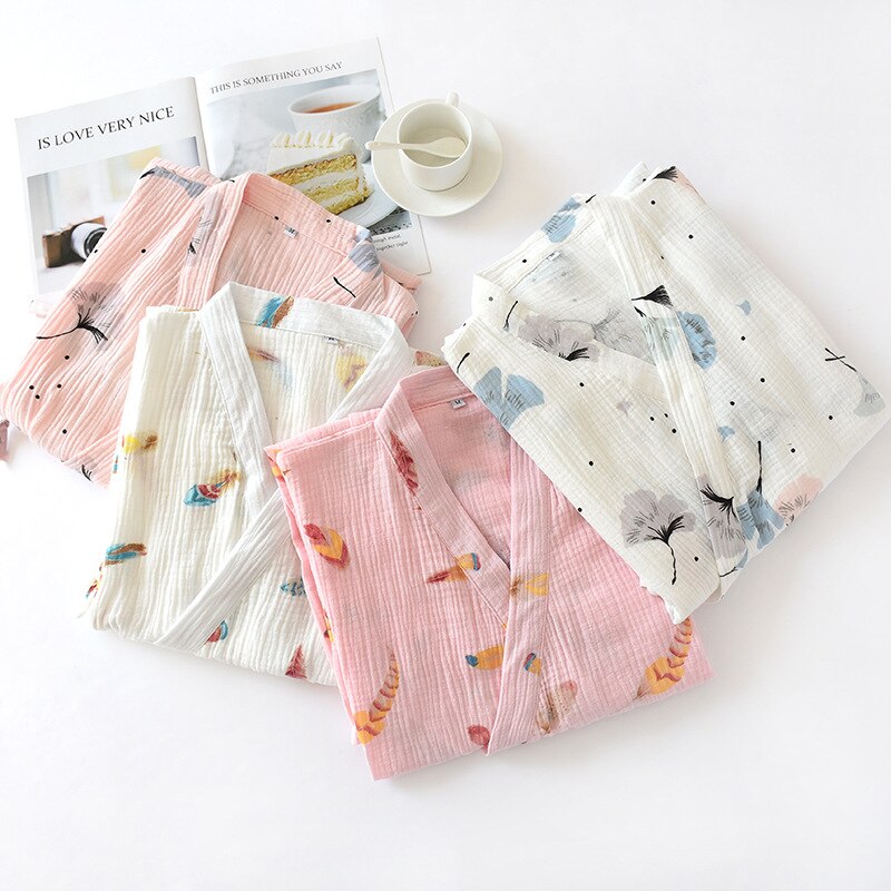 Bata de baño de gasa para mujer, estilo japonés, 100% algodón, bonita bata de baño para el hogar, Kimono largo estampado, ropa de noche para el hogar