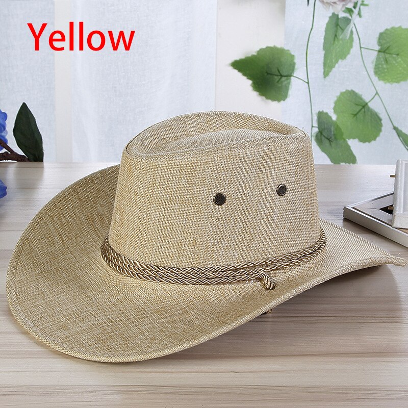 2022 Men's Western Cowboy Hat Linen Straw Hat Outdoor Travel Sun Jazz Hat Big Brim Chic Knight Caps: Yellow