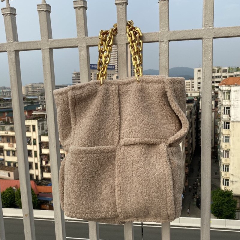 Sac à main en fausse fourrure pour femmes, sangle avec chaîne épaisse, couleur unie, sac à main pour voyage, HP002, hiver,