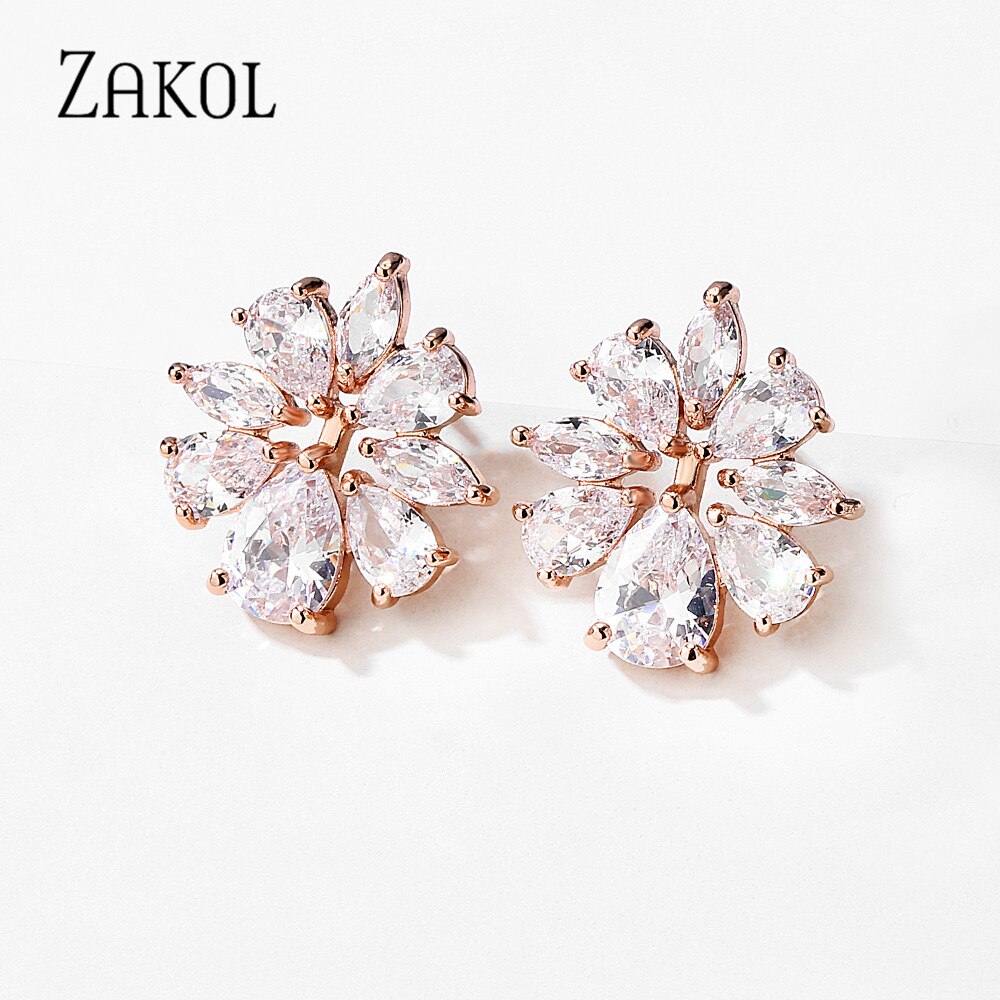 Zakol Bloemen Water Zirconia Stud Oorbellen Kleurrijke Stenen Vrouwen Eenvoudige Bruiloft Bruids Sieraden