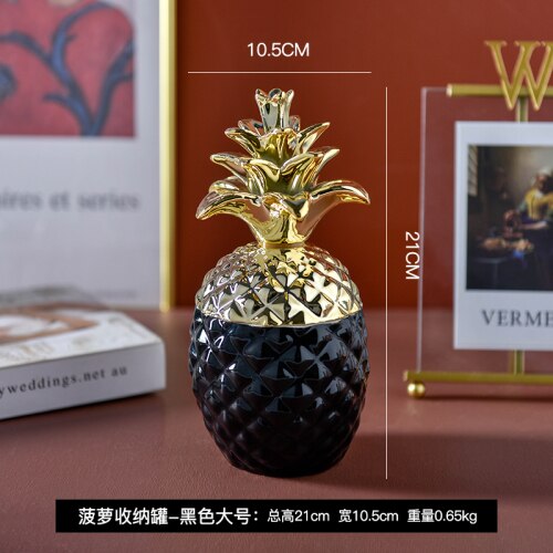 Northern Europe Ceramic Pineapple Storage Tank Window Shooting Props Light Luxury Gold Plating Storage Tank Decoration: Black- L