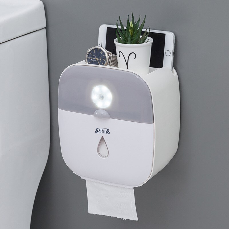 Wall Mounted Waterproof Tissue Holder Box With Human Intelligent Sensor Lamp Bathroom Paper Towel Holder For Phone Storage Box: Grey(Sensor Light)