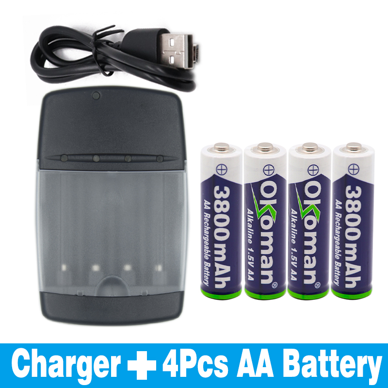 AA 3800mah 1.5V alkaline rechargeable battery for LED light electric toy battery and four-slot alkaline battery charger: Black