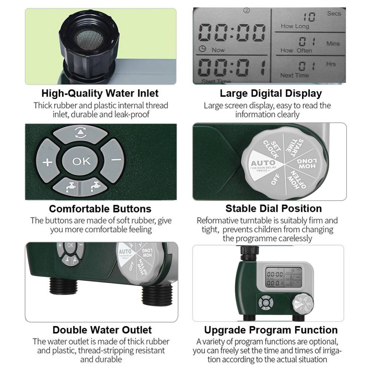 Water Timer Garden Automatic Watering Irrigation System Controller Dual Hose Connector Water Timer Large Digital Display