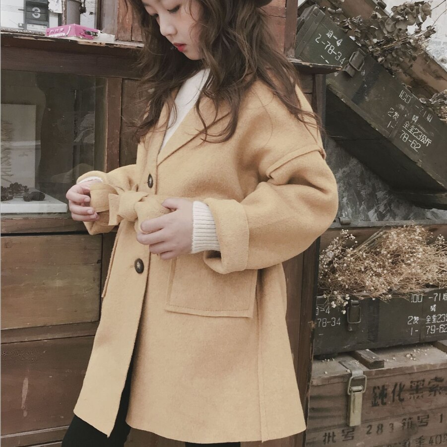 girl wool coat wool Long Sleeve belted Windbreaker autumn winter clothes Kids jacket Outwear