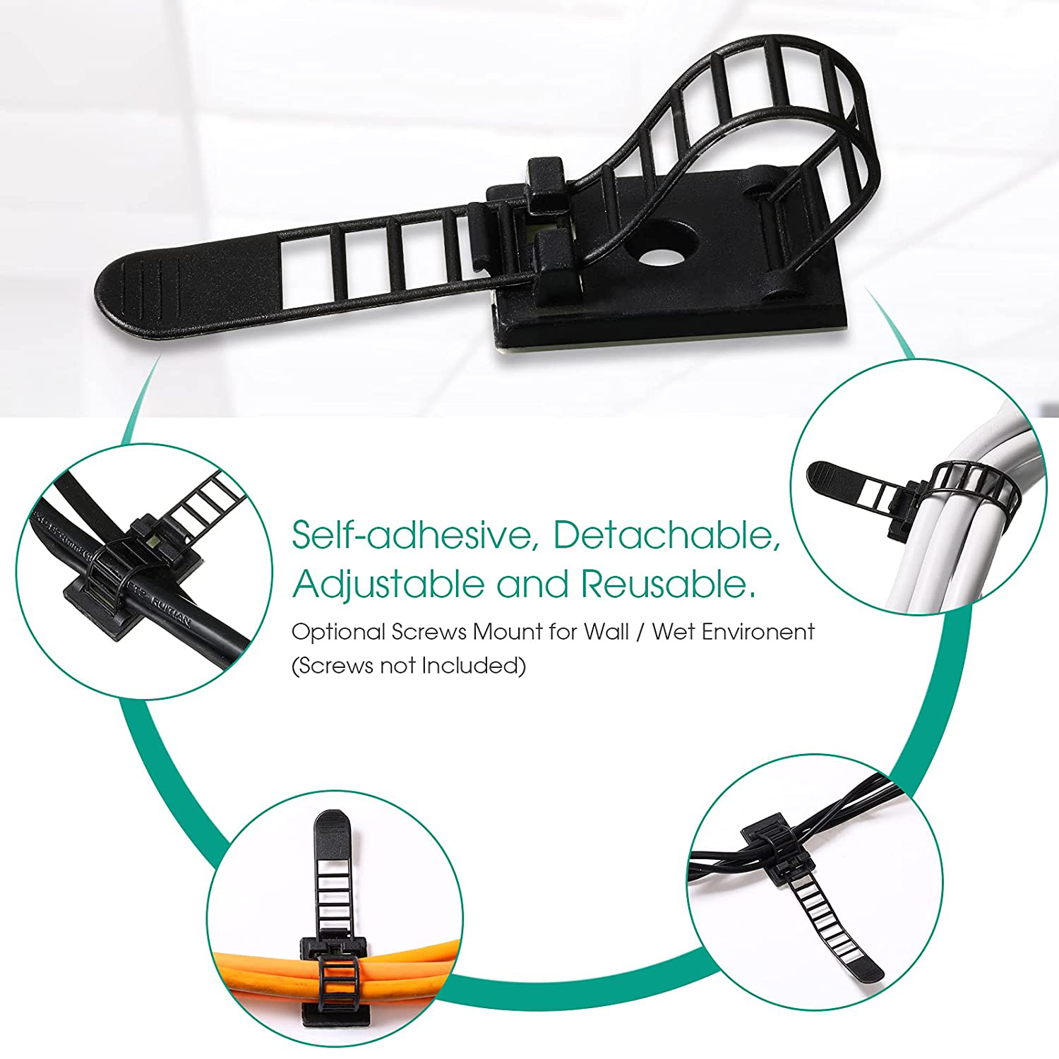 Untoom kabel samoprzylepny klipsy do zarządzania regulowany pasek nylonowy opaski do przewodów zaciski do przewodów Organizer do kabli na przewód sieciowy przewód zasilający