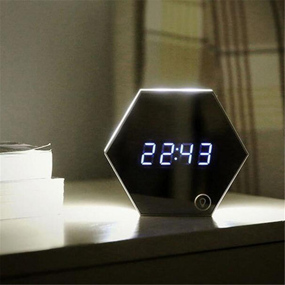 Multifunction LED Mirror wall clock watch clocks Digital Alarm Clock Night Light Mirrored Electronic Snooze Analog Table Clock
