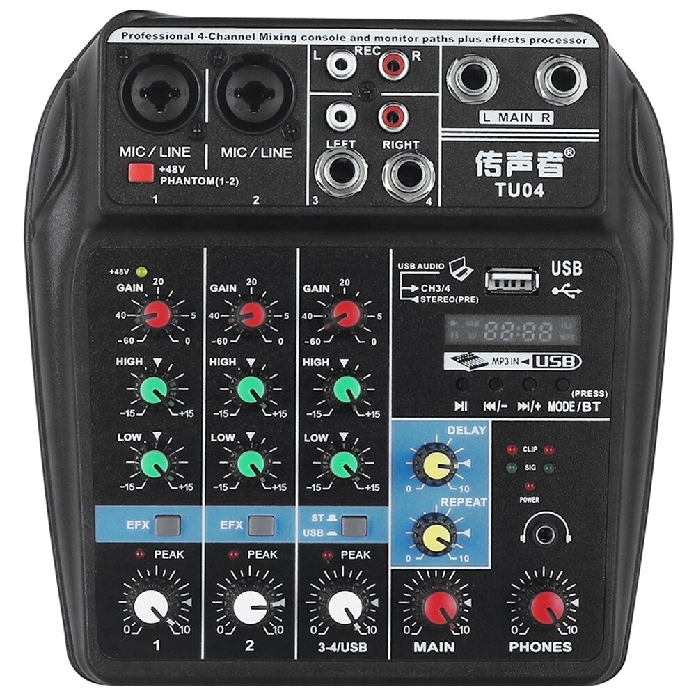 A4 Sound Mixing Console Bluetooth USB Record Computer Playback 48V Phantom Power Delay Repaeat Effect 4 Channels USB Audio Mixer