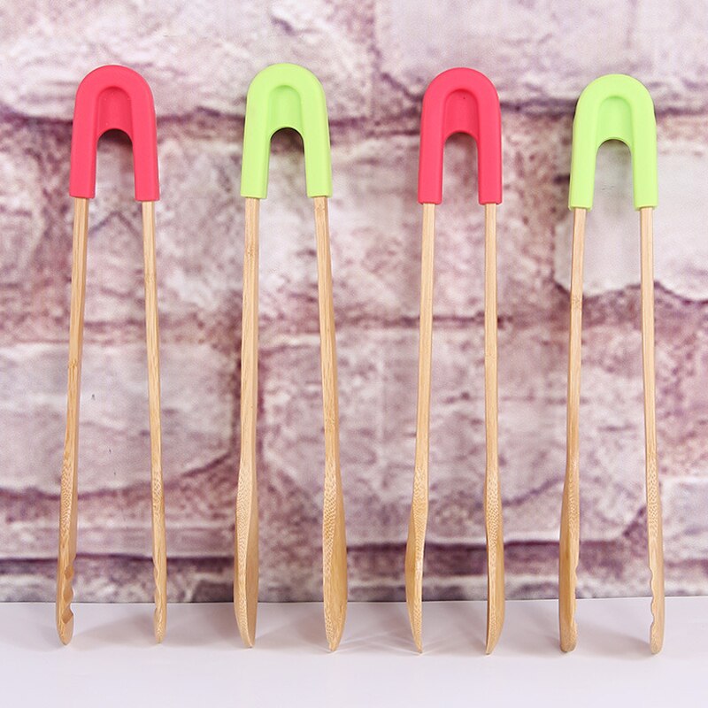 Bamboe Voedsel Tang Salade Taart Snack Clip Grip Broodrooster Tang Siliconen Handvat Brood Tang Gebak Klem Keuken Gereedschap Accessoires