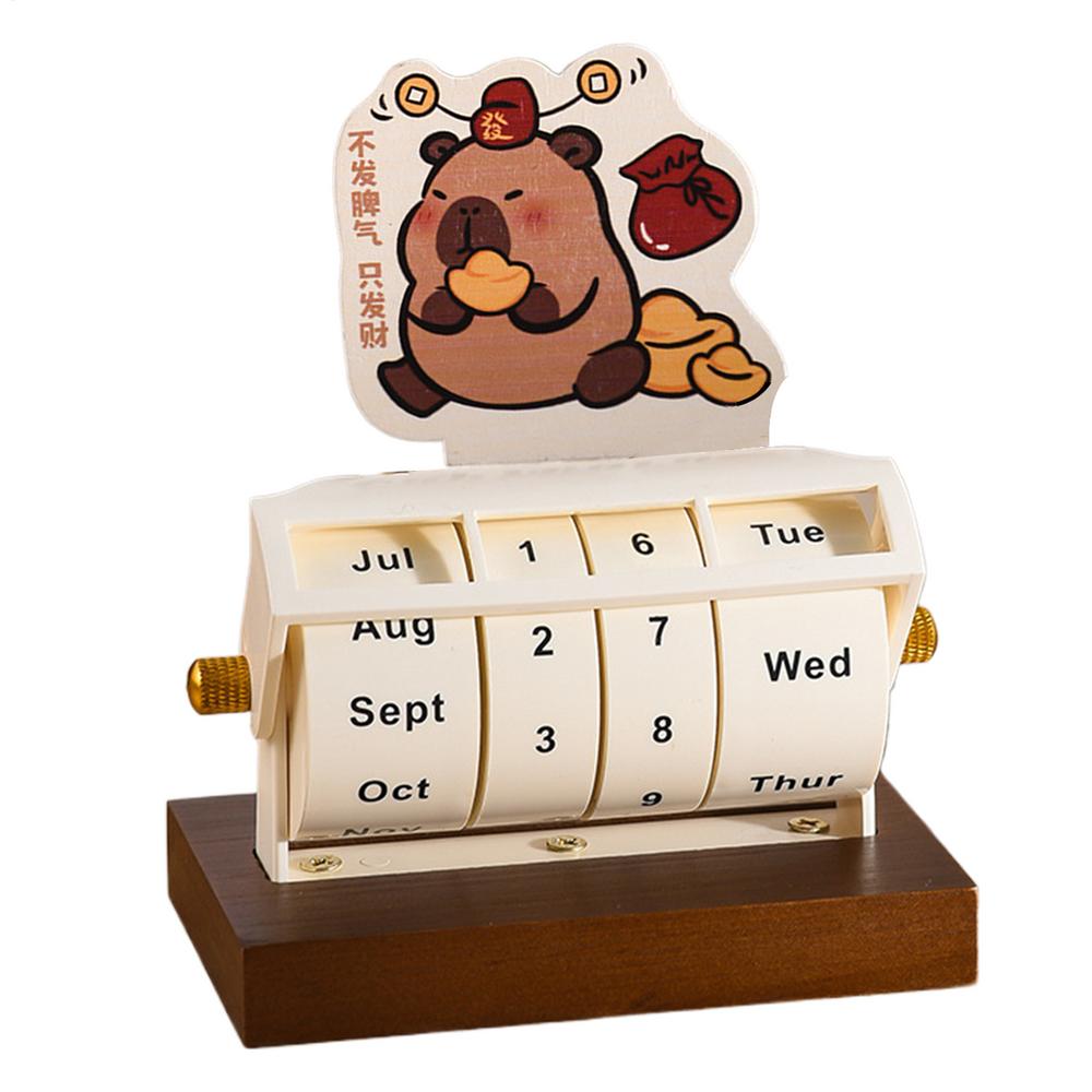 Rotary Perpetual Calendar Wood Decor Tabletop Capybara Calendar Wheeling Calendar Month Week Day Date Display For Home Office: green
