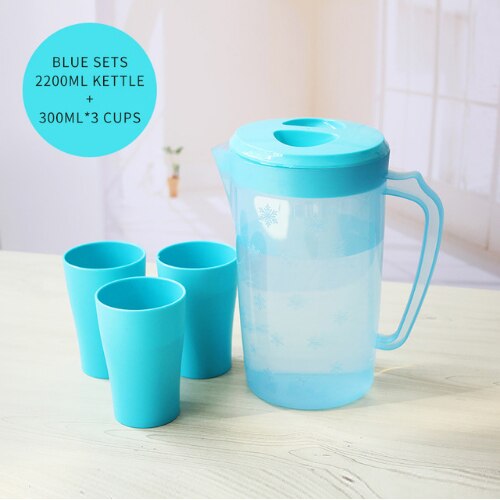 Bpa-fri stor kapacitet vatten kanna istället vattenkokare dryck kanna hem kök plast kallvatten behållare tillbehör 2.2l: Blå med 3 koppar