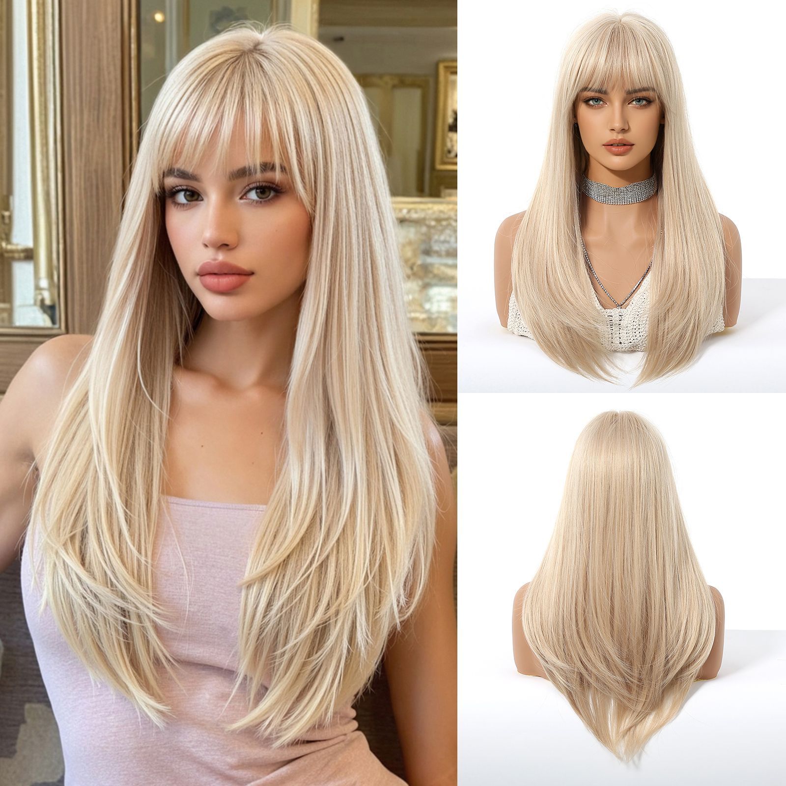 Easihair lång silverfärgad med blonda slingor syntetiska peruker för kvinnor rak med lugg naturlig peruk cosplay-hår värmebeständigt
