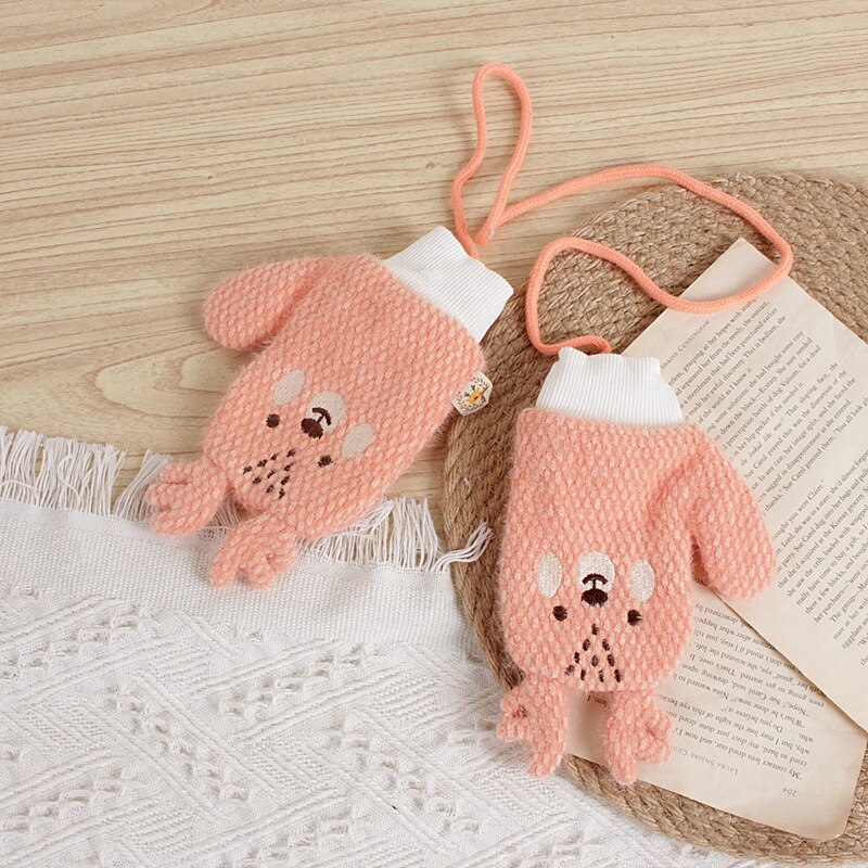 Girl Gloves Korean-Style Cartoon Bear Rabbit Children's Knitted Winter Warm Baby Halter Knitting Wool Gloves 2-6T