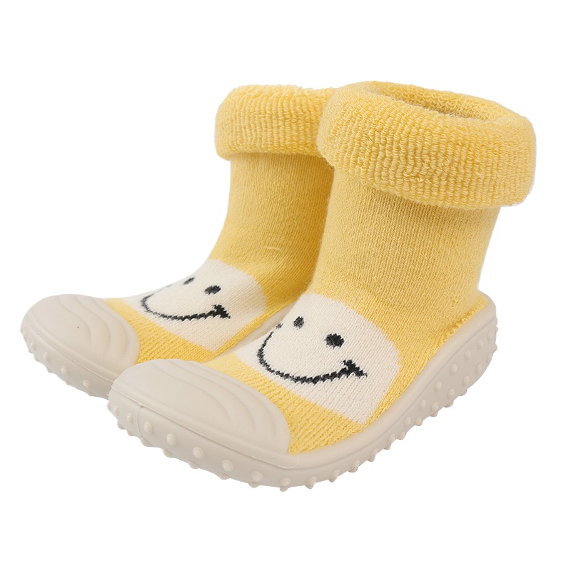 Baby Sokken Met Stap Sok baby Peuter Sokken Baby Rubber gezicht stappen Anti-slip glimlach Lederen Zolen Indoor Vloer schoenen: Goud / 9m