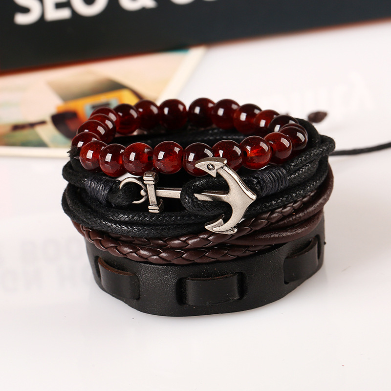 Bricolage Europe et amérique simple rétro tressé ancre en cuir sangles en cuir bracelet multi-couche ensemble bracelet nautique
