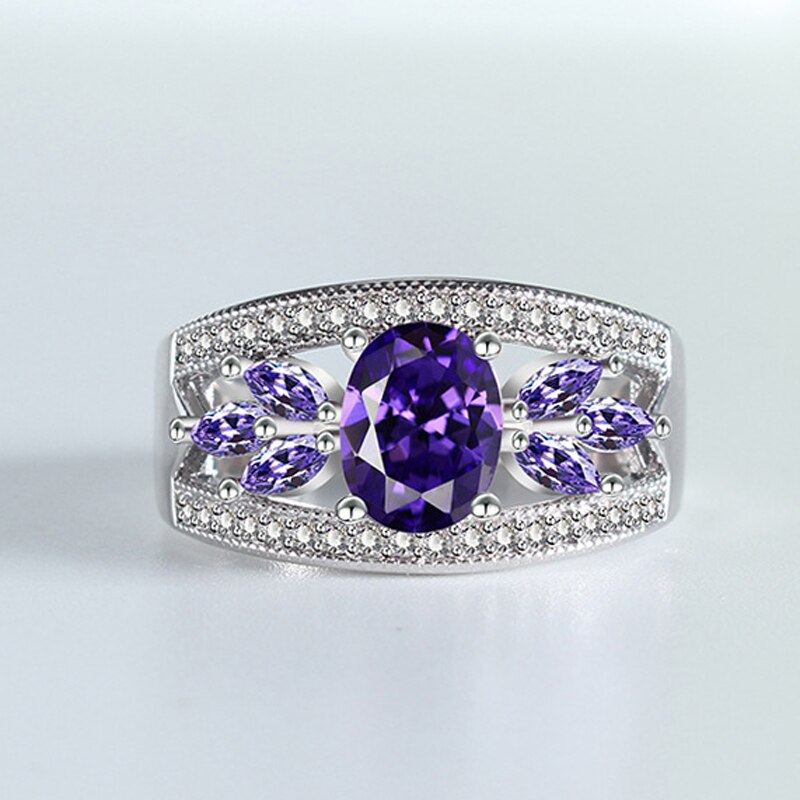 Mode 925 Zilveren Kleur Vrouwelijke Ringen Bloemvormige Amethyst Wedding Sterling Plata Ring Voor Vrouwen Meisjes Leuk Cadeau Voor Verjaardag