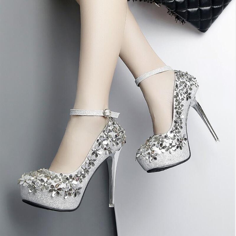 Fijn met puntige hoge hakken pailletten zilveren damesschoenen cinderella schoenen dames pumps teen kristallen bruidsschoenen