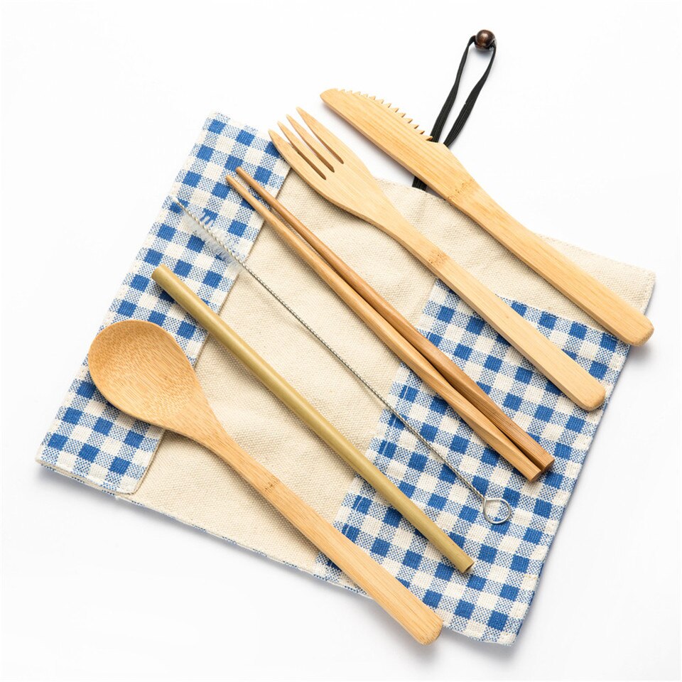 Hout Bestek Servies Vork Lepel Mes Tandenborstel Eetstokjes met Bestek Zak Draagbare Bestek Reizen Bestek Set