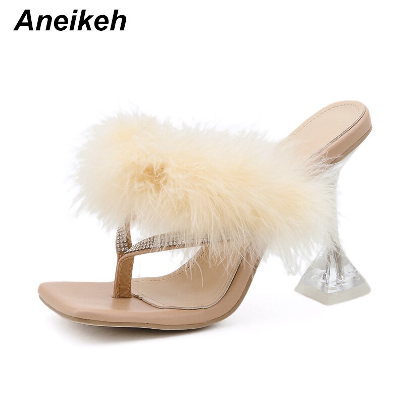 Aneikeh sommer kvinde behåret pels flip flops pvc gennemsigtig fjer plexiglas krystal høje hæle peep toe muldyr dame slides sko