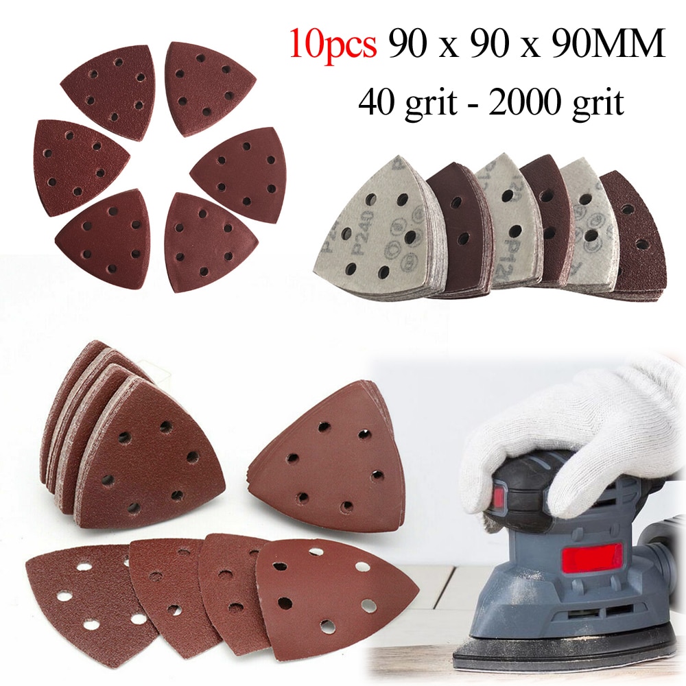 10pcs 90mm Detail Palm Sanding Sheets Mouse Pads 6 Hole Triangle Disc Sandpaper 40-2000Grit for Bosch Sander Hook and Loop