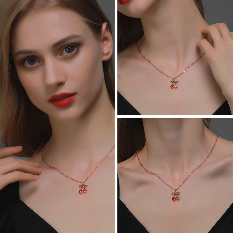 Sweet Little Cherry Ketting Kristallen Zirkoon Fruit Cherry Ketting Voor Vrouwen Sieraden Sleutelbeen Kettingen Hangers Choker Colar