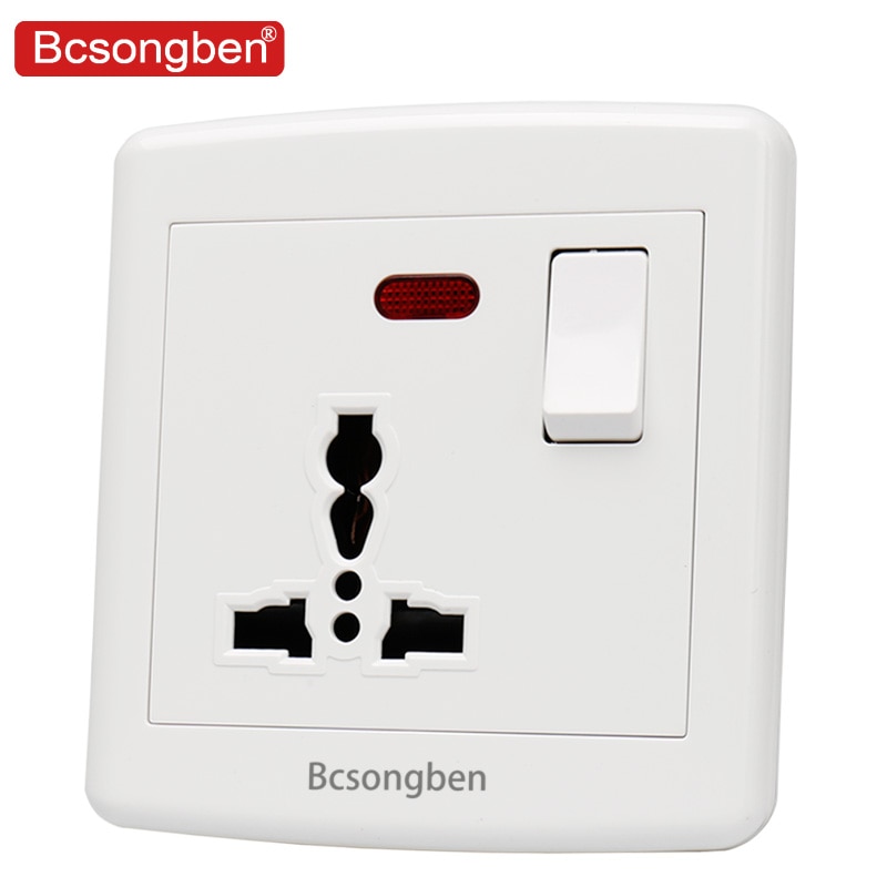 Bcsongben Universal Standard Wall Socket With LED Light Switch White PC Panel 10A 250V Universal Power Socket Outlet